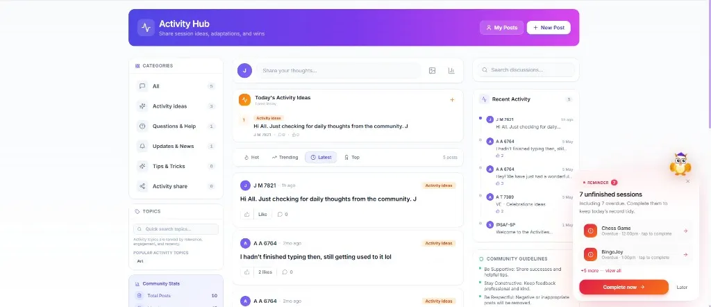 Activity Planner Community Activity Hub with posts, categories and tips from care teams