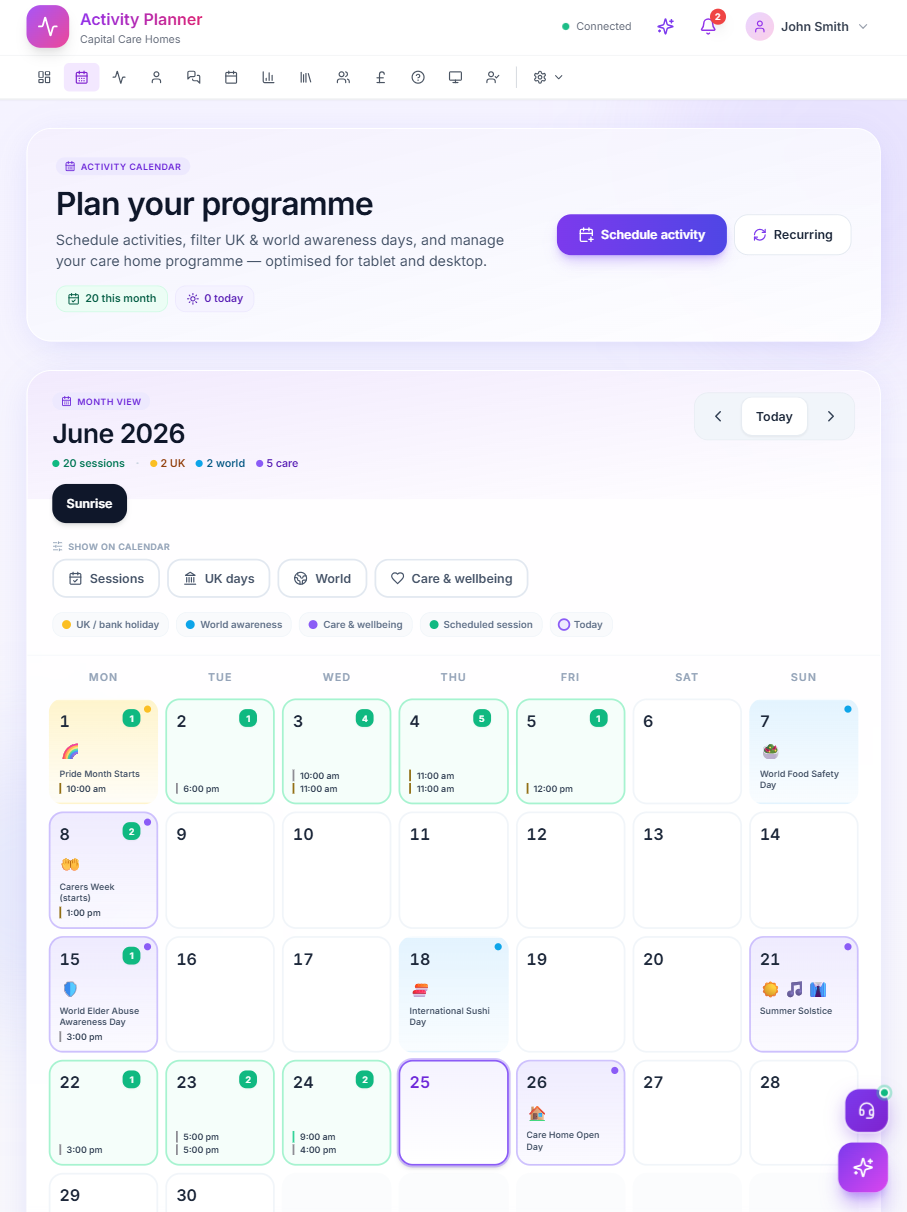 Activities calendar on tablet