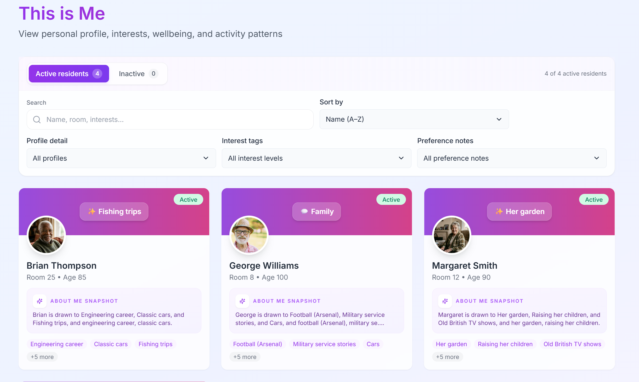 This is Me resident profiles with interests and About Me snapshots