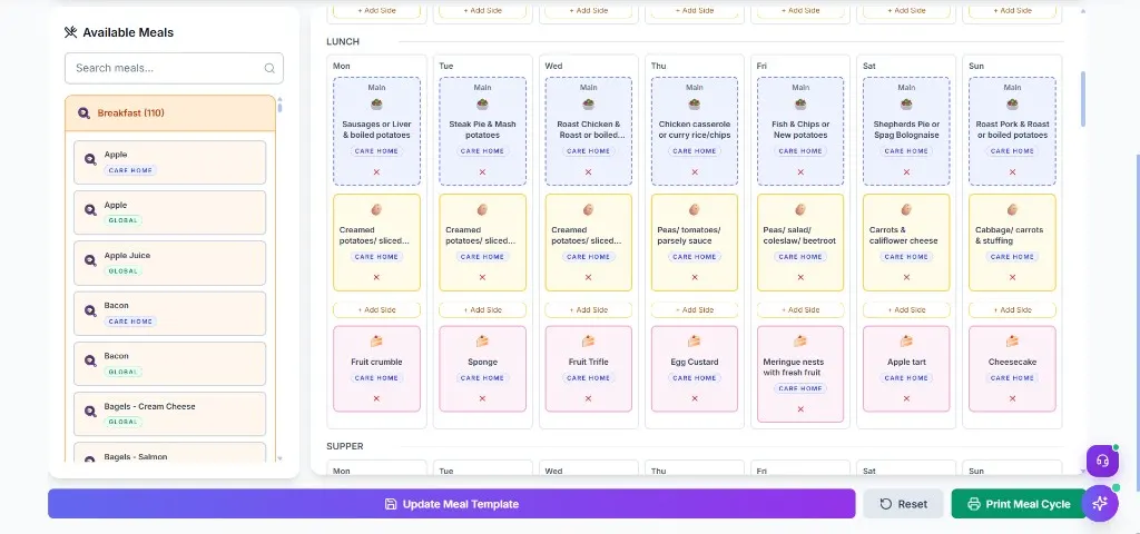 Meal Manager Calendar weekly meal planning grid