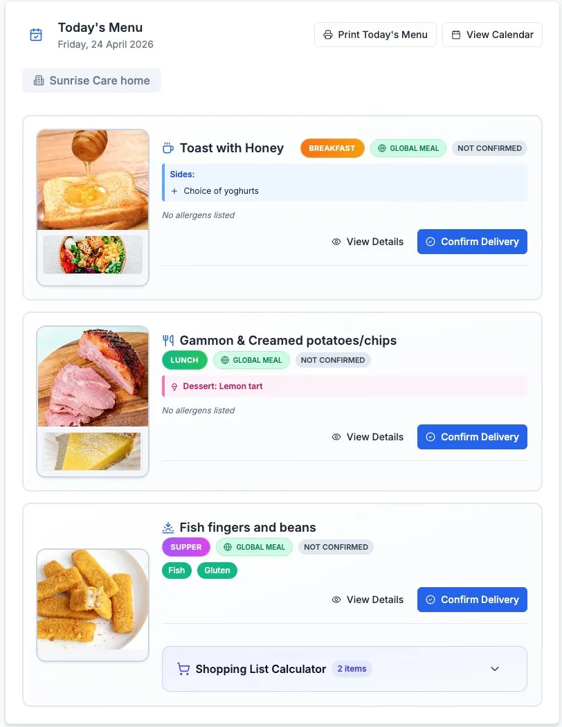 Meal Manager daily menu